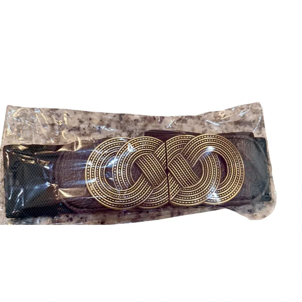 Womens Wide Elastic‎ Cinch Belt Antique Gold Infinity Knot Buckle Brown Boho XL